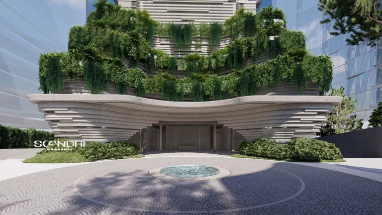 Front entrance drop off and architectural facade of Soondri Wongamat beachfront luxury condominium in Na Kluea 16 Pattaya Thailand