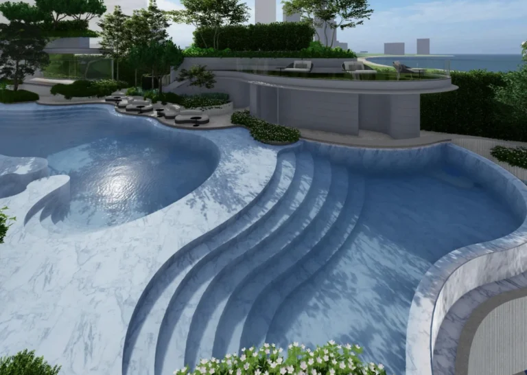 Private Beach Club oceanfront lagoon swimming pool at Soondri Wongamat luxury condo Pattaya